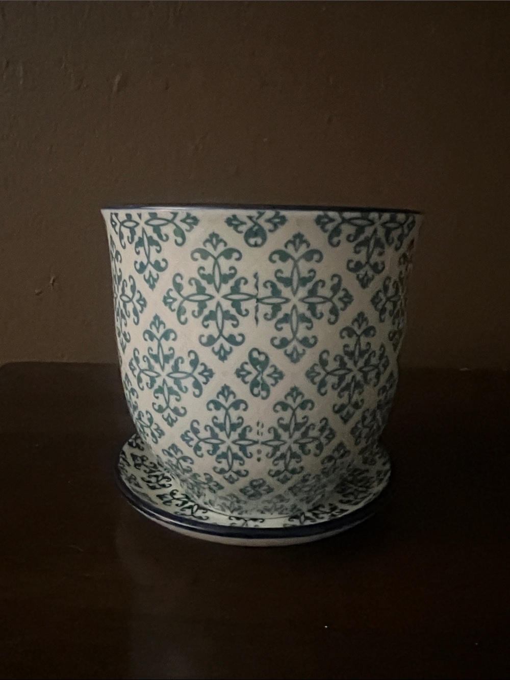 Decorative Teal Pattern Ceramic Planter with Saucer